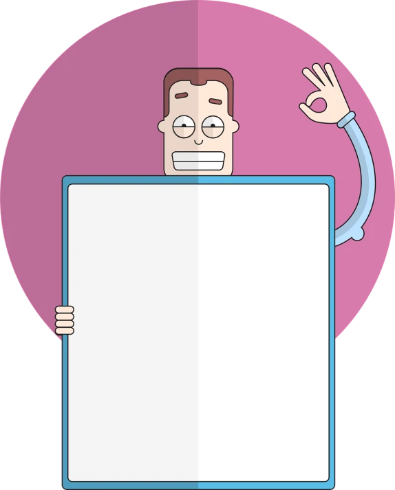 a man holding a sign in front of his face, a cartoon, computer art, whiteboards, abstract people in frame, rounded corners, sleek design