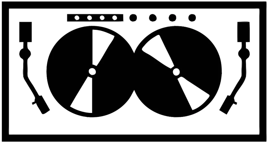 a black and white picture of a turntable, by Joe Stefanelli, computer art, adinkra symbols, twins, tape deck, logo without text