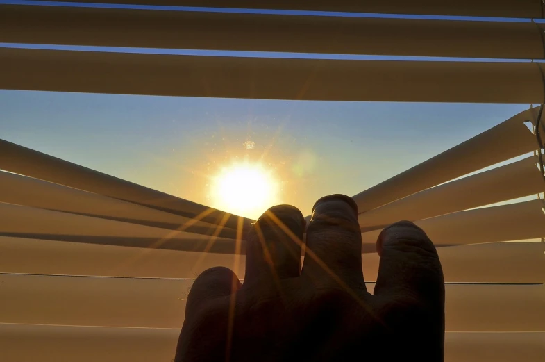 a person looking out a window at the sun, by Matt Stewart, realism, hand photography, solar, shade, sunrise