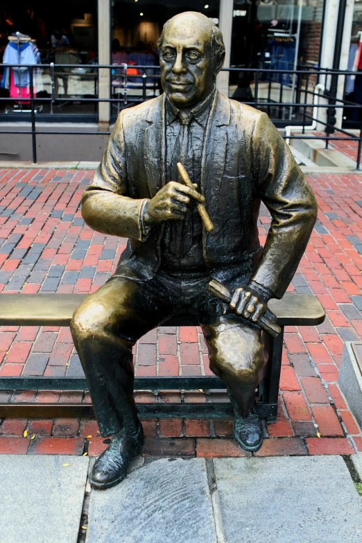 a statue of a man sitting on a bench, a statue, inspired by Amos Ferguson, smoking pipe, fenway park, clear detailed view, alan turing