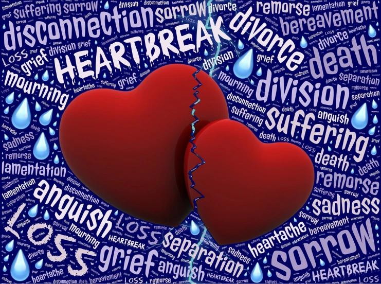 a couple of red hearts sitting next to each other, a picture, by Jeanna bauck, shutterstock, body breaking apart, words, crying, good graphic