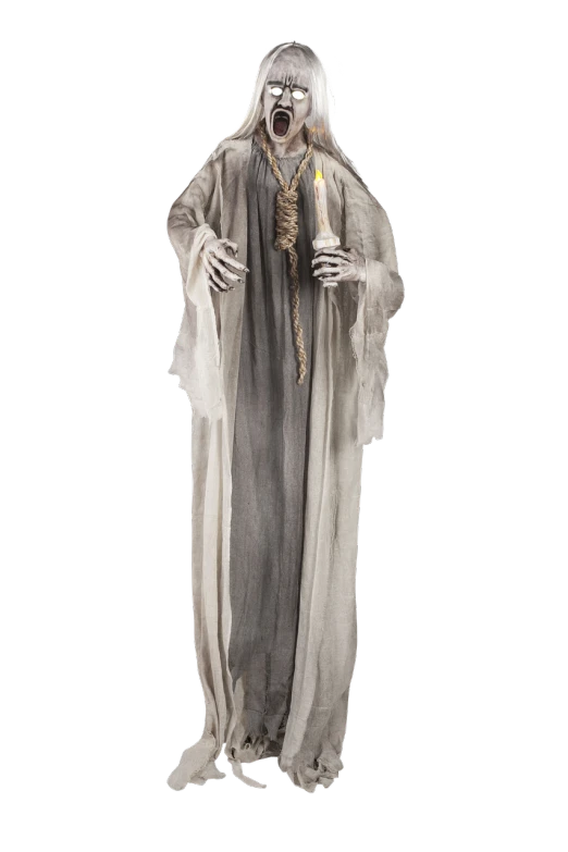 a man dressed as a ghost holding a candle, a statue, 7 feet tall, dark sorceress full view, h 1088, detailed wide shot