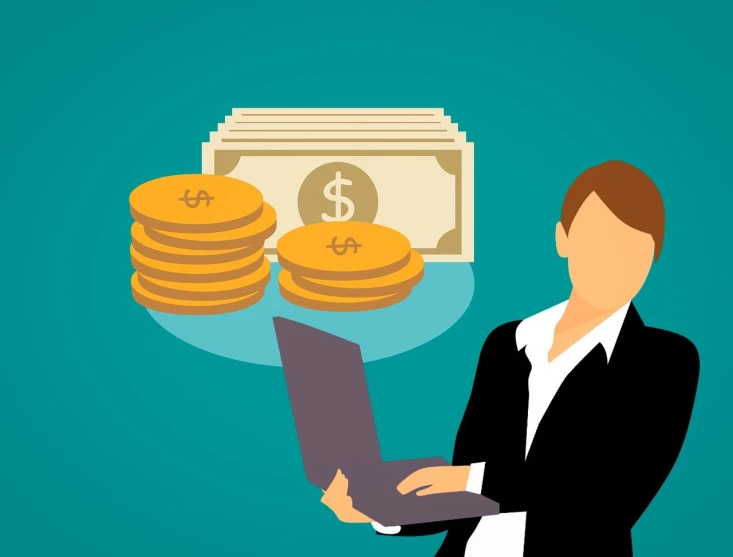 a man in a suit holding a laptop with money coming out of it, an illustration of, by Emma Andijewska, trending on pixabay, computer art, coins, young business woman, illustrator vector graphics, stacked image