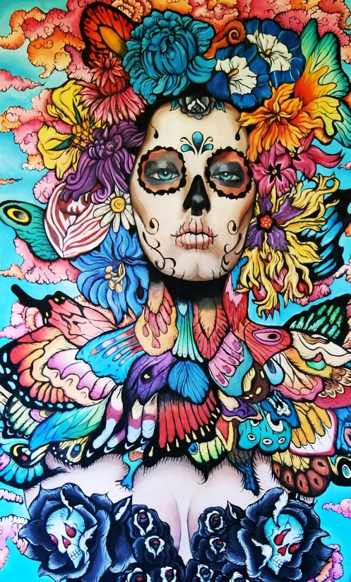 a painting of a woman with butterflies on her head, an airbrush painting, by Izzy Medrano, tumblr, psychedelic art, dia de los muertos. 8 k, hyperdetailed colourful, marker art, skulls at her hips