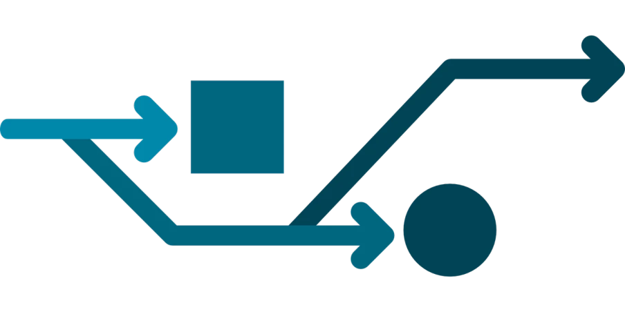 a couple of arrows pointing in opposite directions, a diagram, black and cyan color scheme, truck, disconnected shapes, cart