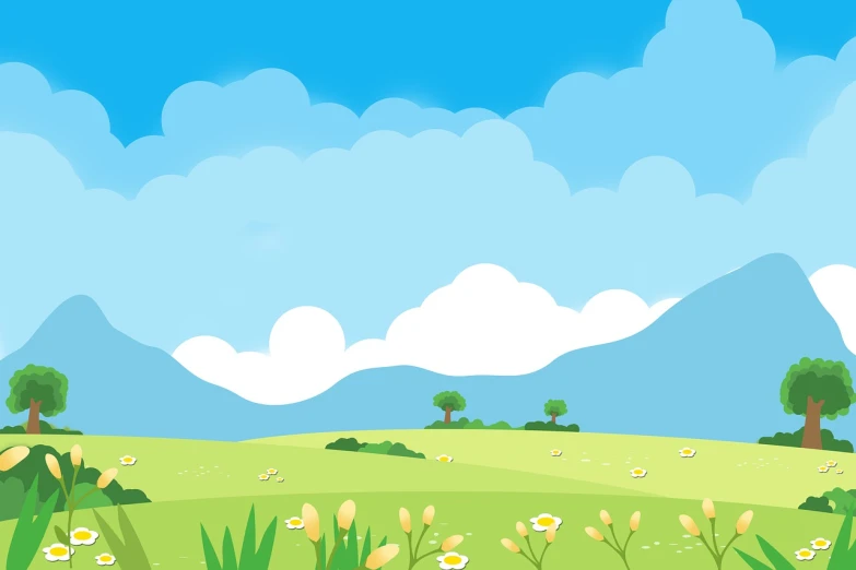 a green field with flowers and mountains in the background, an illustration of, 4 k hd wallpaper illustration, whole page illustration, simple and clean illustration, puffy clouds in background