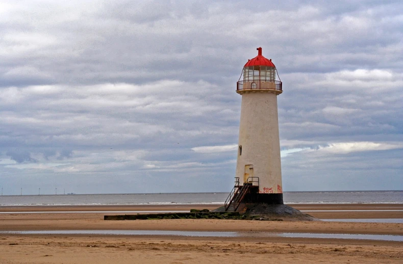 a lighthouse sitting on top of a sandy beach, a photo, by Kev Walker, wikipedia, aged 2 5, hull, light cone