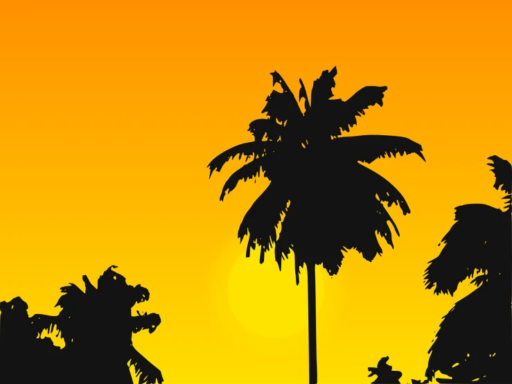 a palm tree is silhouetted against an orange sky, an illustration of, high contrast illustration, skins, header, an illustration