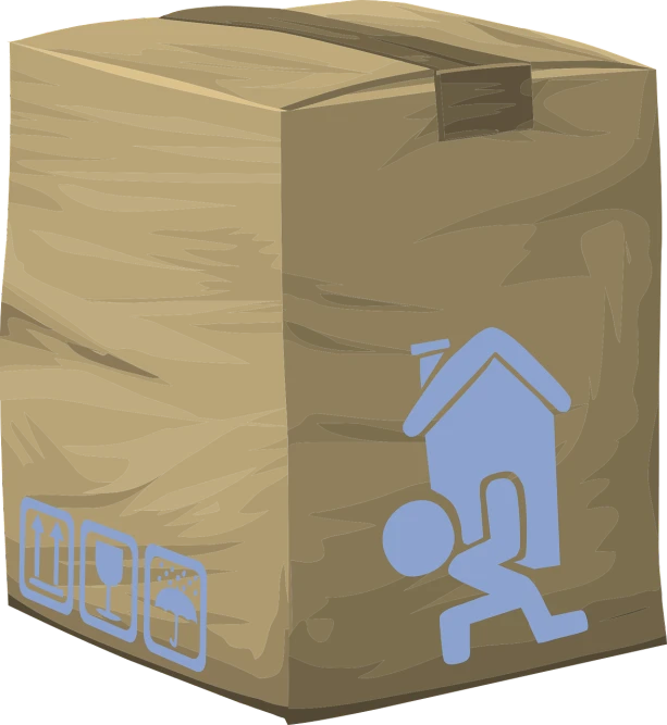 a cardboard box with a blue sticker on it, by Andries Stock, pixabay, conceptual art, carrying big sack, house illustration, take off, fully body photo