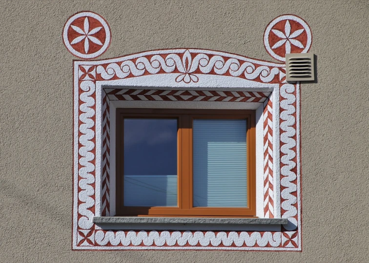 a close up of a window on a building, inspired by Jan Kupecký, folk art, high resolution details, well decorated, high detail photo, on the walls