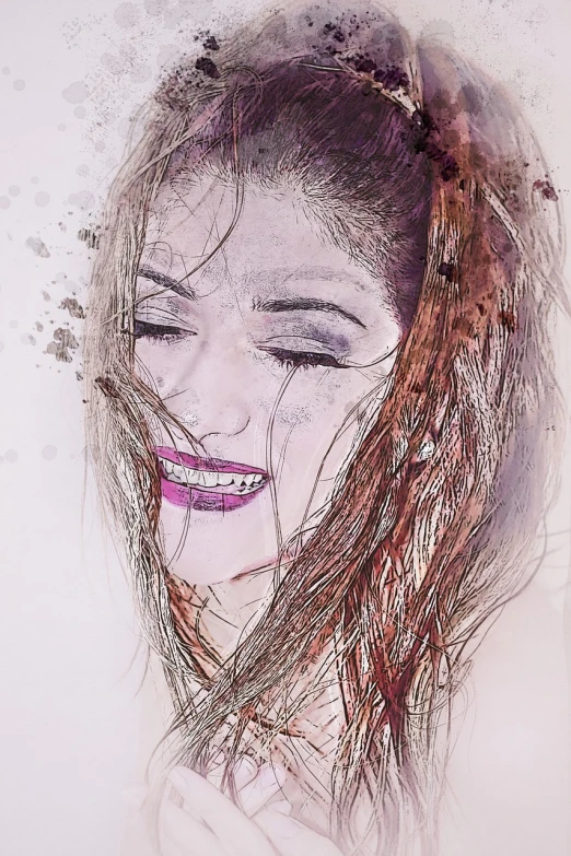 a drawing of a woman with long hair, a digital painting, digital art, smiling fashion model face, * colour splash *, strained expression, she is in pure bliss