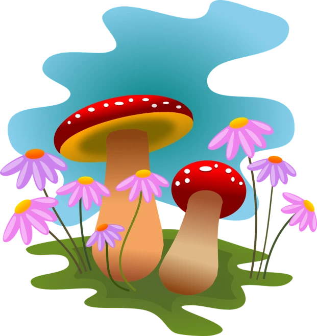 a mushroom sitting on top of a lush green field, a digital rendering, psychedelic art, !!! very coherent!!! vector art, purple and red flowers, clip-art, forest with flowers blue