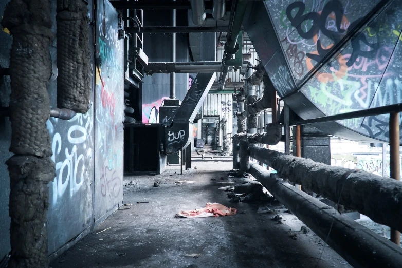 the inside of a building with graffiti on the walls, flickr, dark abandoned cyberpunk factory, overpass, littered with garbage, hyper liminal photo