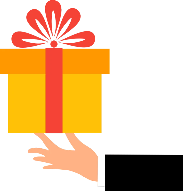 a hand holding a yellow gift box with a red ribbon, concept art, by David Garner, pixabay, on a flat color black background, avatar image, 💣 💥💣 💥, giving gifts to people