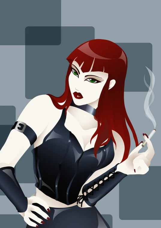 a woman with red hair smoking a cigarette, vector art, inspired by Earle Bergey, gothic art, very modern anime style, cyber - punk background, latex, anya from spy x family