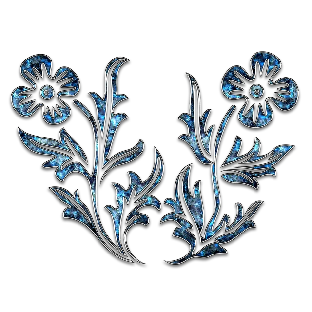 a pair of blue flowers on a black background, a digital rendering, deviantart, art nouveau, carved marble, avatar image, etched breastplate, made out of shiny silver