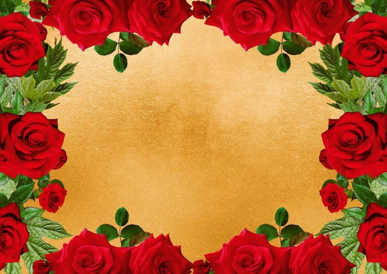 a gold background with red roses and green leaves, a picture, 4k high res, card frame, 1 as february), distant photo