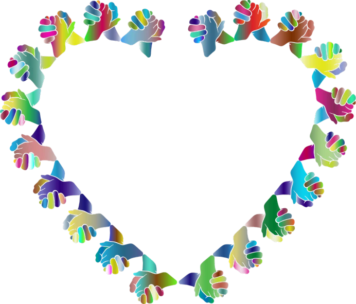 a heart made of multicolored hearts on a black background, inspired by Milton Glaser, pixabay, flower frame, hands pressed together in bow, teals, [ shards