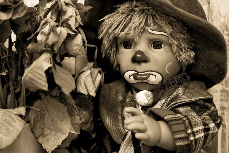 a close up of a doll wearing a hat, a photo, by Edward Corbett, monochrome hdr, autum, clown, dressed in a ragged