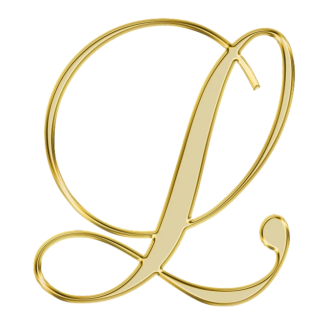 a close up of a gold letter on a white background, a digital rendering, letterism, l vampire, delicate detailing golden stroke, jewelry, coast