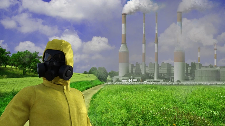 a man wearing a gas mask standing in a field, cg society contest winner, nuclear art, biroremediation plant, yellow robes, smoke coming out of the chimney, taken in the early 2020s