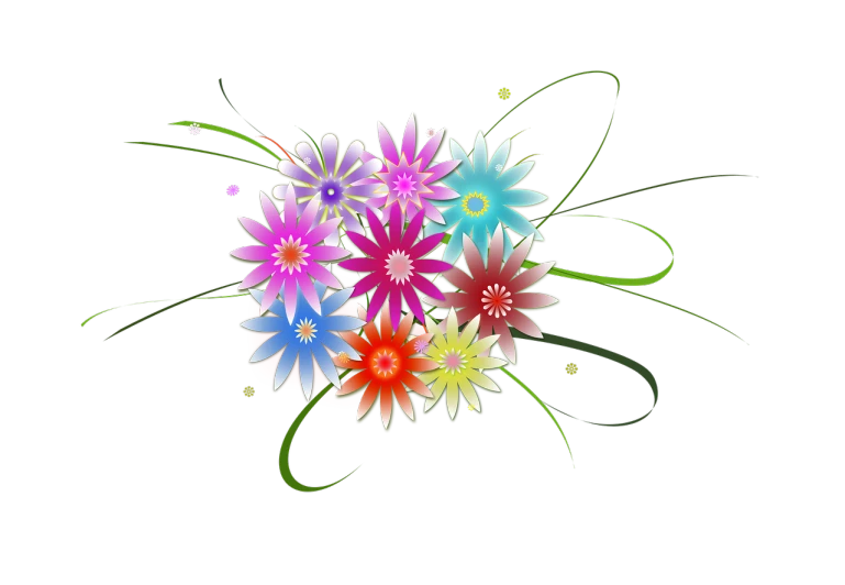 a bouquet of colorful flowers on a black background, a digital rendering, flickr, digital art, grass and flowers, clematis theme banner, !!! very coherent!!! vector art, above view