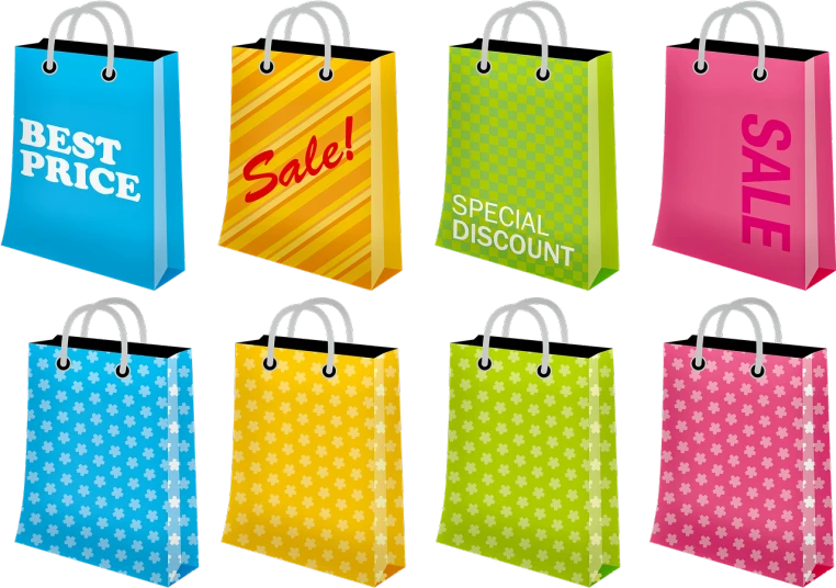 a set of colorful shopping bags on a black background, vector art, by Ingrida Kadaka, flickr, sōsaku hanga, istockphoto, tutorial, 6 colors, magazine sales