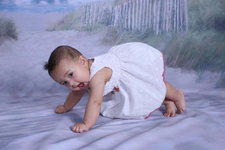 a baby in a white dress crawling on a bed, a picture, by Juan O'Gorman, art photography, posing on the beach, portrait photo of a backdrop, full color photograph, professional detailed photo