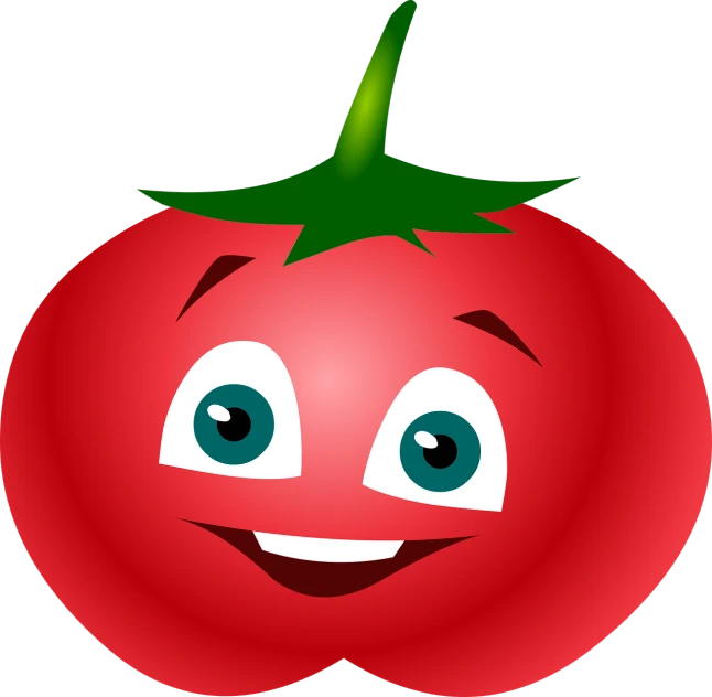 a smiling tomato on a black background, a digital rendering, pixabay, big round cute eyes, basil, clip art, high res photo