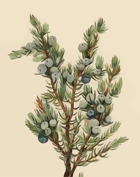 a close up of a plant with berries on it, an illustration of, by Maria Johanna Görtz, hurufiyya, pine tree, a beautiful artwork illustration, restored color, painterly illustration