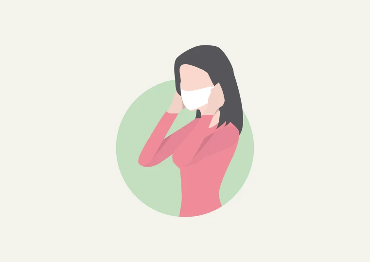 a woman wearing a face mask talking on a cell phone, an illustration of, shutterstock, simple 2d flat design, blurred and dreamy illustration, hand over mouth, flat color