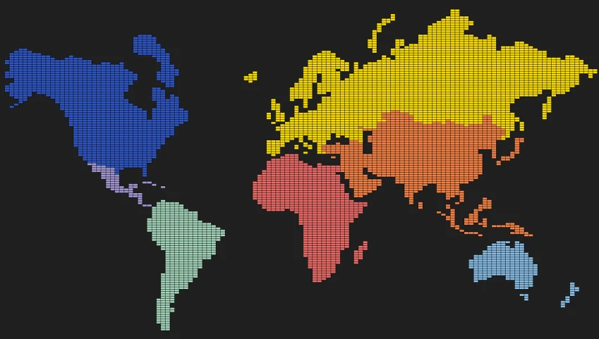 a pixel map of the world on a black background, pixel art, by Jason Felix, pixel art, both bright and earth colors, wip, european palette, thumbnail