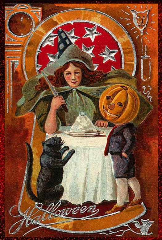 a painting of a little girl sitting at a table with a cat, a storybook illustration, by Elizabeth Shippen Green, shutterstock, folk art, jack-o-lanterns, dinner is served, vintage - w 1 0 2 4, mechanized witch girl