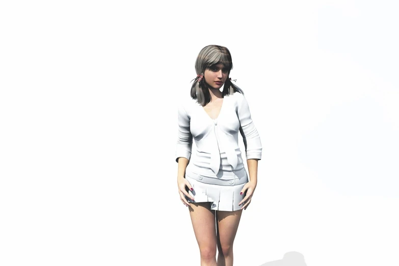 a woman standing on a skateboard in front of a white wall, a 3D render, inspired by Ayami Kojima, white skirt and barechest, white background!!!!!!!!!!, glamorous jill valentine, wearing a white sweater