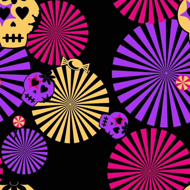 a pattern of skulls and sunbursts on a black background, vector art, by Gwen Barnard, maximalism, lollipops, yellow and purple color scheme, background image, la catrina