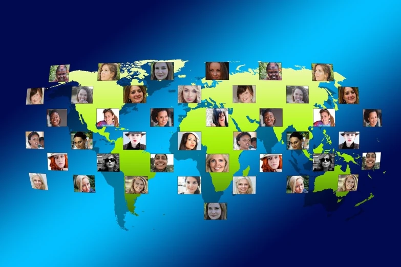 a map of the world with many people on it, a photo, focus on generate the face, with a blue background, portait photo, portlet photo