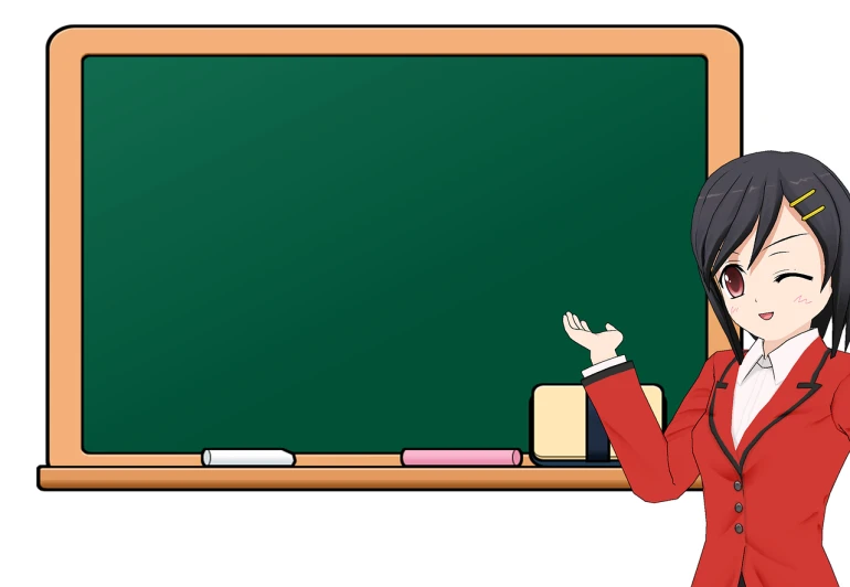 a woman that is standing in front of a blackboard, an anime drawing, blank background, red uniform, teaching, tatsumaki