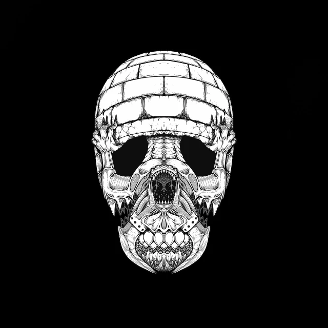a black and white drawing of a skull, a digital rendering, by Andrei Kolkoutine, reddit, digital art, brick, detailed helmet, wallpaper mobile, prison background