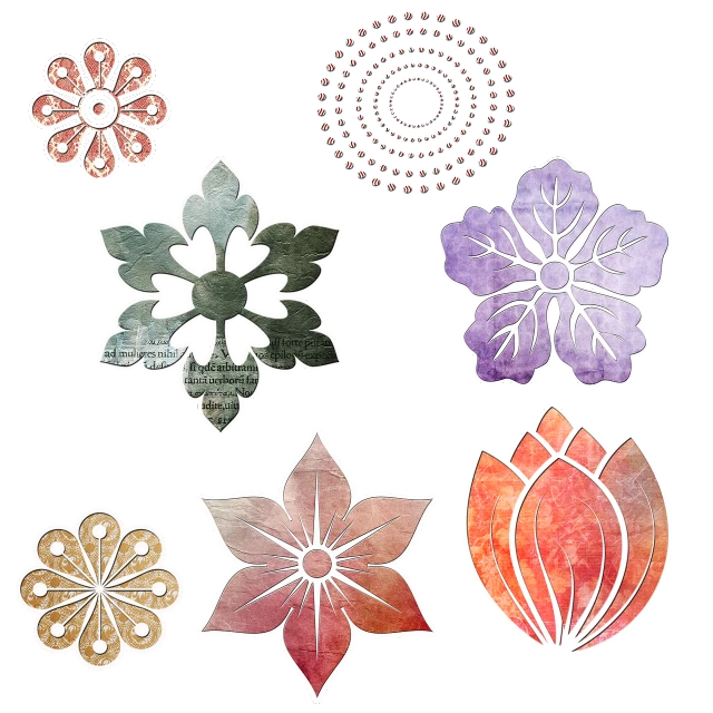 a bunch of different types of flowers on a black background, inspired by Katsushika Ōi, sōsaku hanga, cut paper texture, chakras, shimmers, 6