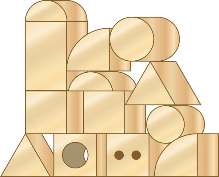 a group of geometric shapes on a black background, inspired by Louise Nevelson, cubism, clipart, gold metal, rounded architecture, building blocks