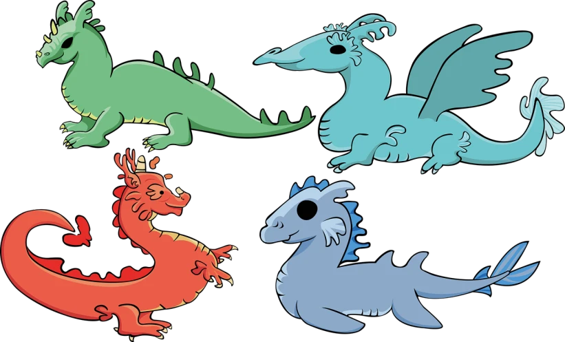 four different colored dragons on a black background, shutterstock, digital art, simple cartoon style, a cute little blue dragon, family photo, cartoons