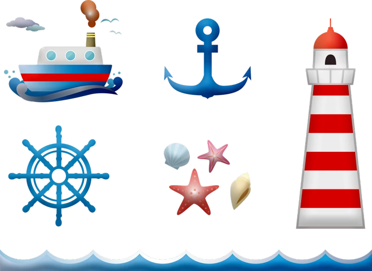 a lighthouse, a ship, a wheel, and a starfish, digital art emoji collection, boat, 8k)), children's