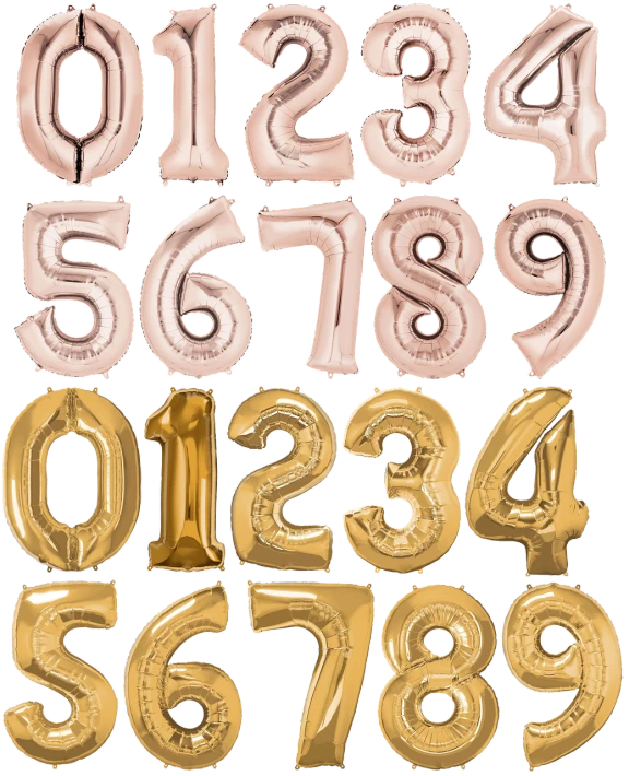 a bunch of balloons in the shape of numbers, 3 4 5 3 1, reverse, gold, large