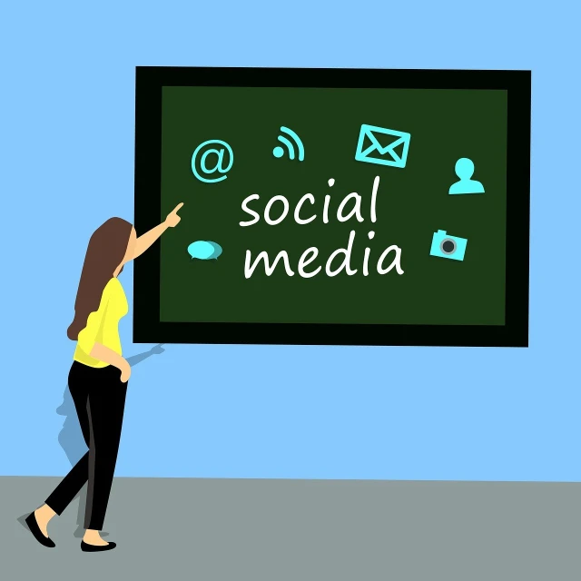 a woman pointing to a blackboard with social media written on it, an illustration of, by Tom Carapic, trending on pixabay, 2d digital vector art, modern simplified vector art, billboard image