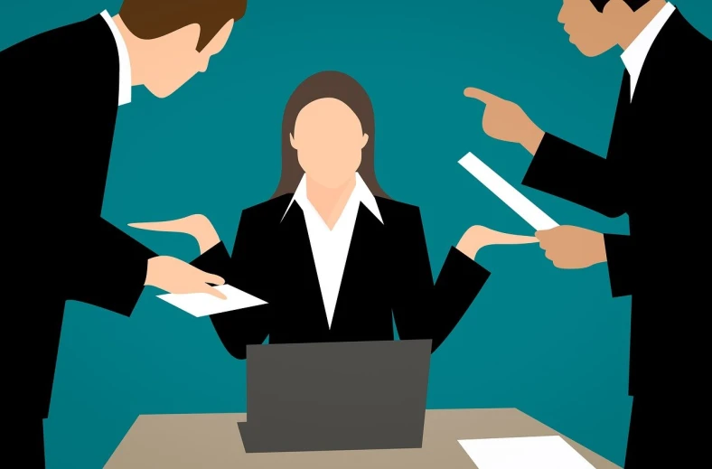 a couple of people that are standing in front of a laptop, a cartoon, pixabay, excessivism, woman in business suit, beaten, documents, ((oversaturated))