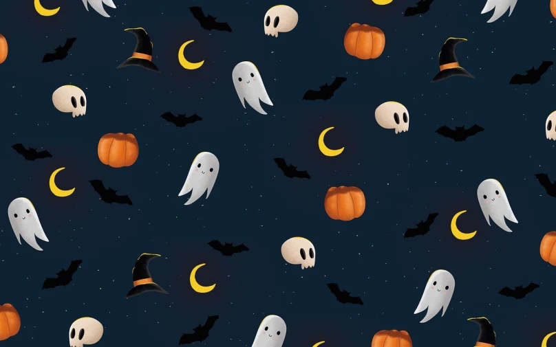 a pattern of ghosts, pumpkins and bats, tumblr, 8k!!, costume, background is heavenly, nights
