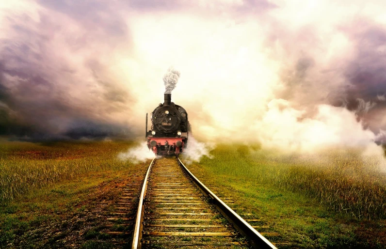 a steam engine train traveling down train tracks, romanticism, photorealistic photo, very accurate photo, landscape photo, mid shot photo