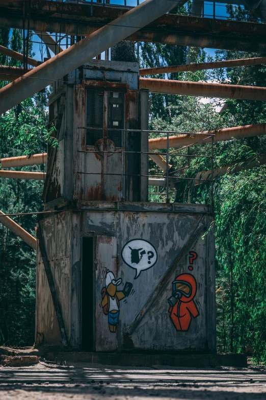 a building with graffiti on the side of it, a cartoon, inspired by Banksy, graffiti, lookout tower, hidden in the forest, color ( sony a 7 r iv, game and watch