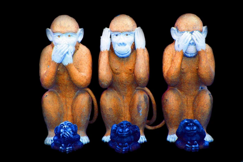 three figurines of monkeys sitting on top of each other, by Robert Brackman, flickr, precisionism, crying big blue tears, on black background, speak no evil, colourized