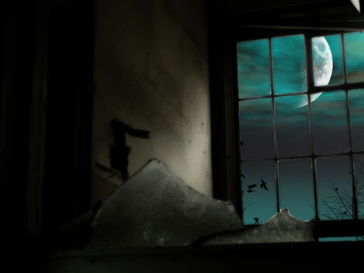 a window with a view of a full moon, inspired by Gregory Crewdson, deviantart contest winner, digital art, abandoned asylum, shadow over innsmouth, broken glass photo, atmospheric establishing shot